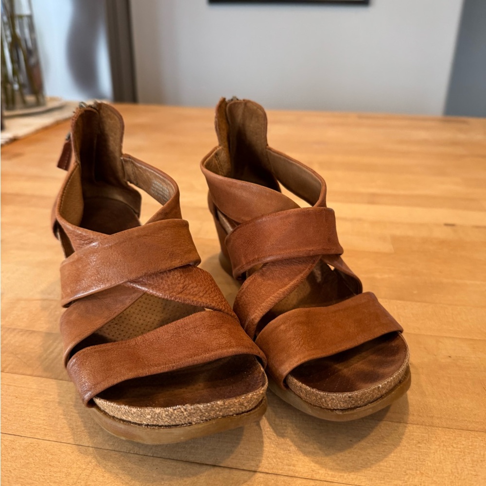 Miz Mooz Tan Wedge Sandals with Leather Straps